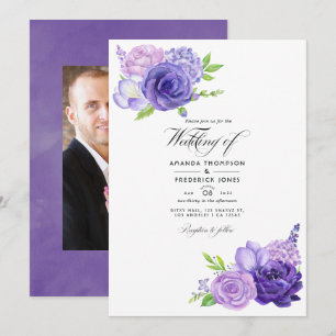 Invitación Foto de boda floral con acuarela de color violeta 