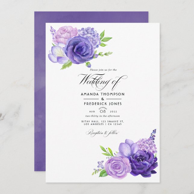 Invitación Foto de Boda floral de acuarela ultra violeta (Anverso / Reverso)