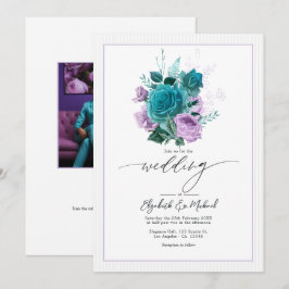 Invitación Foto de boda floral de azul verdoso y lavanda