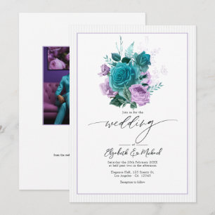 Invitación Foto de boda floral de azul verdoso y lavanda