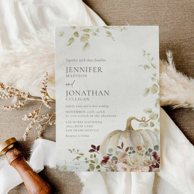 Invitación Foto de Boda floral de calabaza de otoño rusa (Fall Rustic Photo Wedding Invitation)