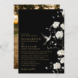 Invitación Foto De Boda Floral De Chinoiserie En Negro Y Oro