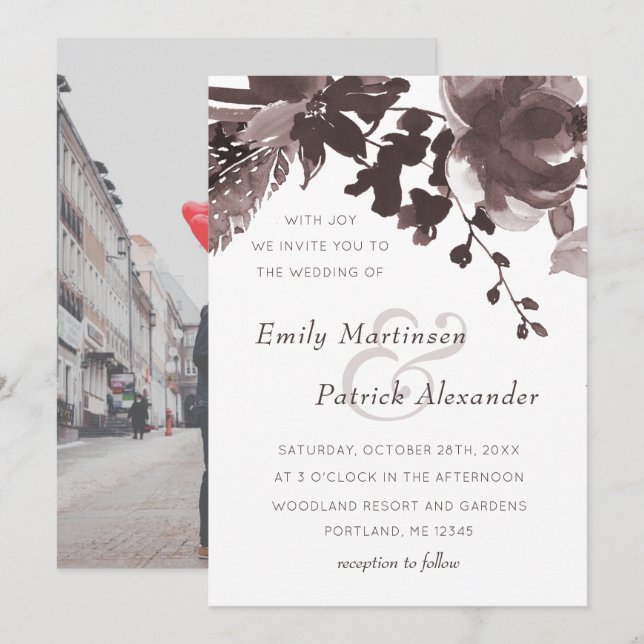 Invitación Foto de Boda floral de ciruela moderna (Anverso / Reverso)
