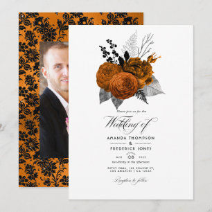 Invitación Foto de boda floral de Halloween en negro y naranj