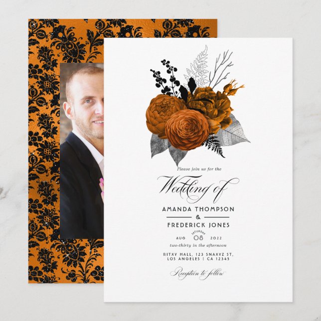 Invitación Foto de Boda floral de Halloween negro y Naranja (Anverso / Reverso)