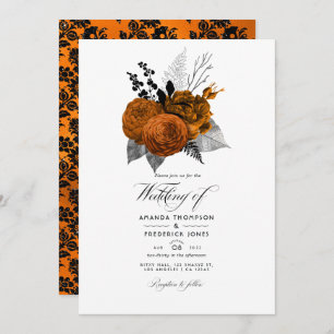 Invitación Foto de Boda floral de Halloween negro y Naranja