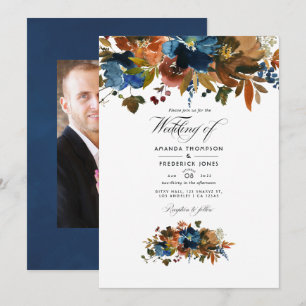 Invitación Foto de boda floral de jengibre y azul marino