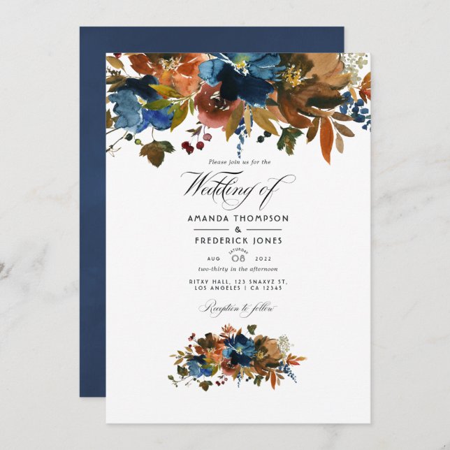 Invitación Foto de Boda floral de jengibre y marina (Anverso / Reverso)