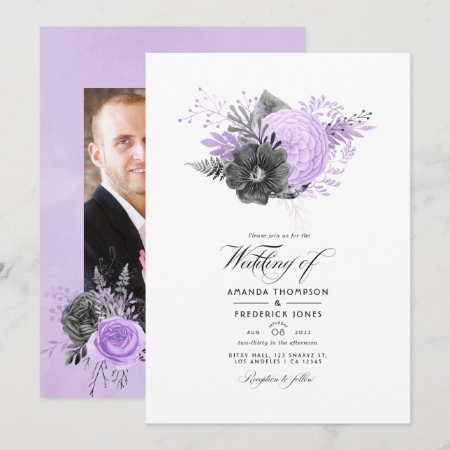 Invitación Foto de Boda floral de Lilac y Charcoal (Anverso / Reverso)