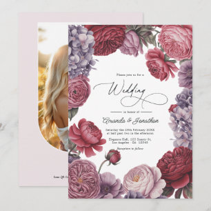 Invitación Foto de boda floral de rosa y lavanda polvorienta
