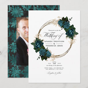 Invitación Foto de boda floral dorada y turquesa