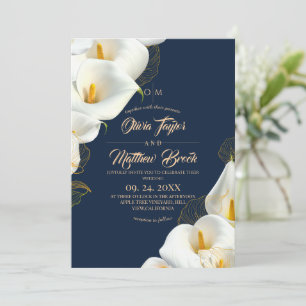 Invitación Foto de Boda Floral Elegante Azul Marino Moderno
