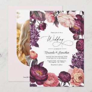 Invitación Foto de boda floral en acuarela de ciruela y rubor