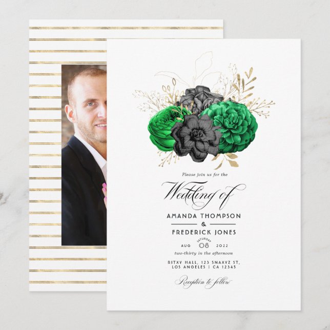 Invitación Foto de boda floral esmeralda oscuro y dorado (Anverso / Reverso)