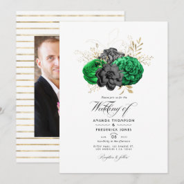 Invitación Foto de boda floral esmeralda oscuro y dorado