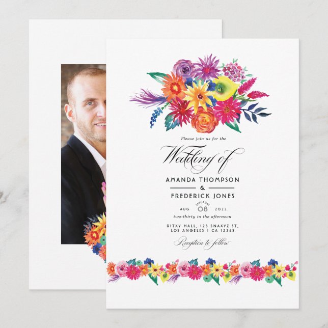 Invitación Foto de boda Floral Fiesta (Anverso / Reverso)