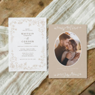 Invitación Foto de boda floral francesa beige vintage