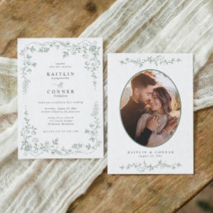 Invitación Foto de boda floral francesa verde salvia vintage