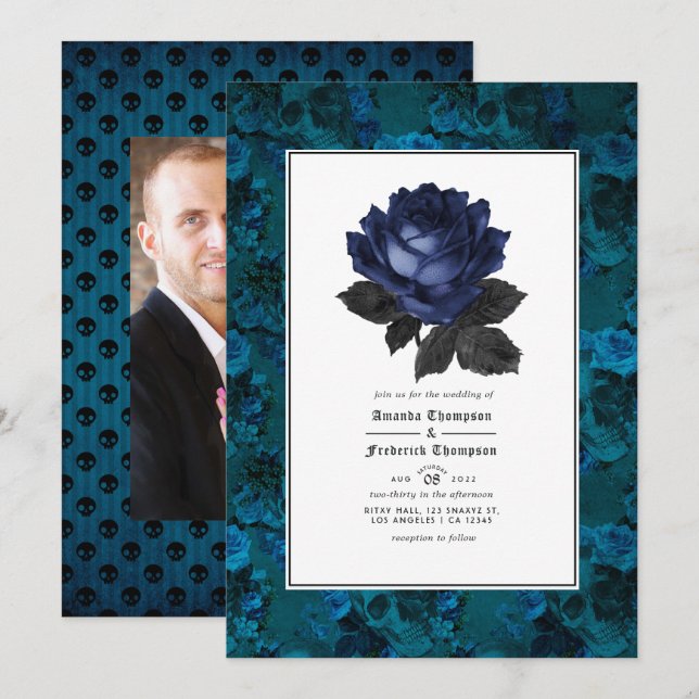 Invitación Foto de Boda floral gótica negra y azul (Anverso / Reverso)