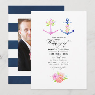 Invitación Foto de boda floral náutica acuarela