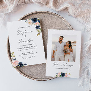 Invitación Foto de Boda floral rosa de moda azul y Rubor