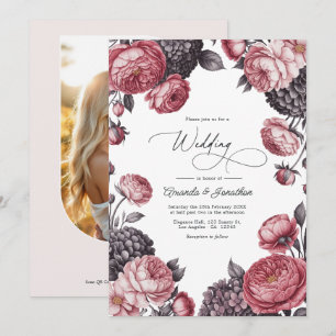 Invitación Foto de boda floral rosa polvoriento y gris carbón