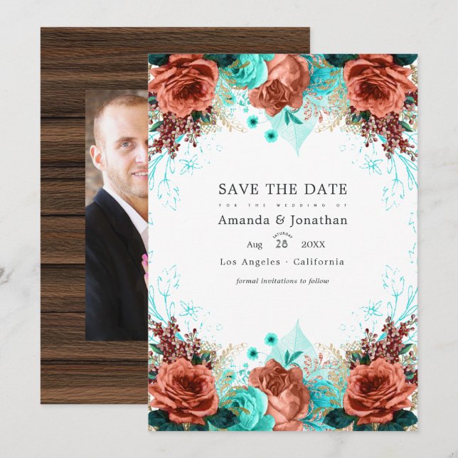 Invitación Foto de boda floral rústica turquesa y coral (Anverso / Reverso)