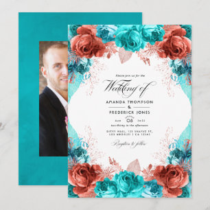 Invitación Foto de boda floral rústica turquesa y coral en
