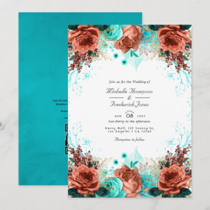 Invitación Foto de boda floral rústica turquesa y coral en