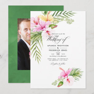 Invitación Foto de boda floral tropical con acuarela