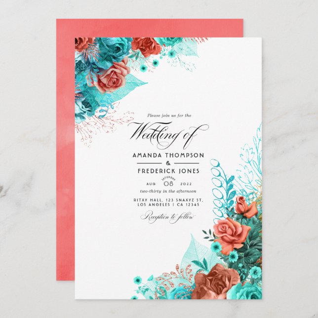 Invitación Foto de Boda floral turquesa y coral (Anverso / Reverso)