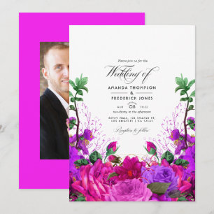 Invitación Foto de boda floral vintage fucsia y púrpura