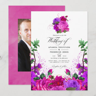 Invitación Foto de boda floral vintage fucsia y púrpura en