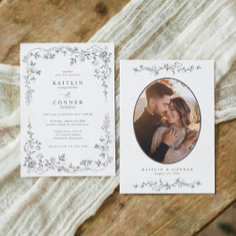 Invitación Foto de boda floral vintage gris plateado francés