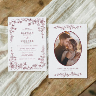 Invitación Foto de boda floral vintage roja borgoña francesa