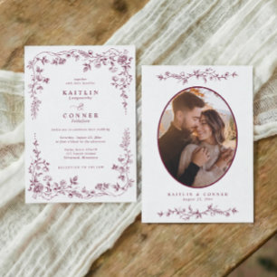 Invitación Foto de boda floral vintage vino tinto oscuro fran