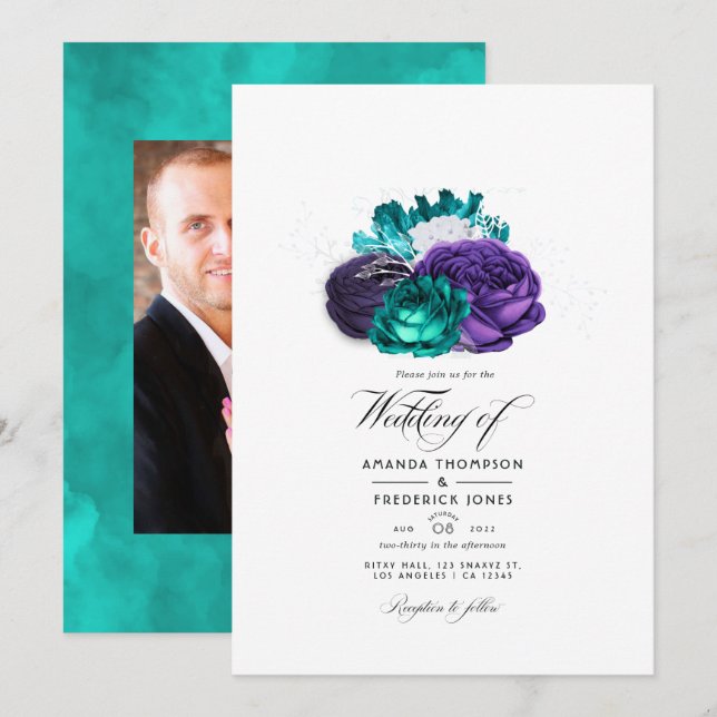 Invitación Foto de boda floral violeta rústica y turquesa (Anverso / Reverso)