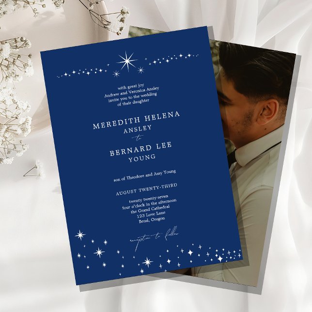 Invitación Foto de boda Formal Celestial Elegante Azul Marino (Subido por el creador)