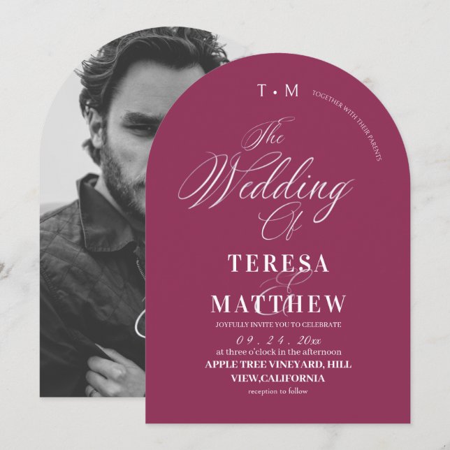 Invitación Foto de boda fucsia moderna y simple (Anverso / Reverso)