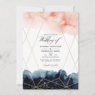 Invitación Foto de boda geométrica con acuarela de azul marin