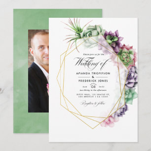 Invitación Foto de boda geométrica de suculentas con acuarela