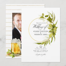 Foto de boda geométrica verde y dorada de cerveza