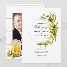 Invitación Foto de boda geométrica verde y dorada de cerveza 