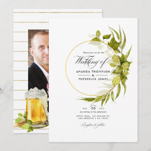 Invitación Foto de boda geométrica verde y dorada de cerveza