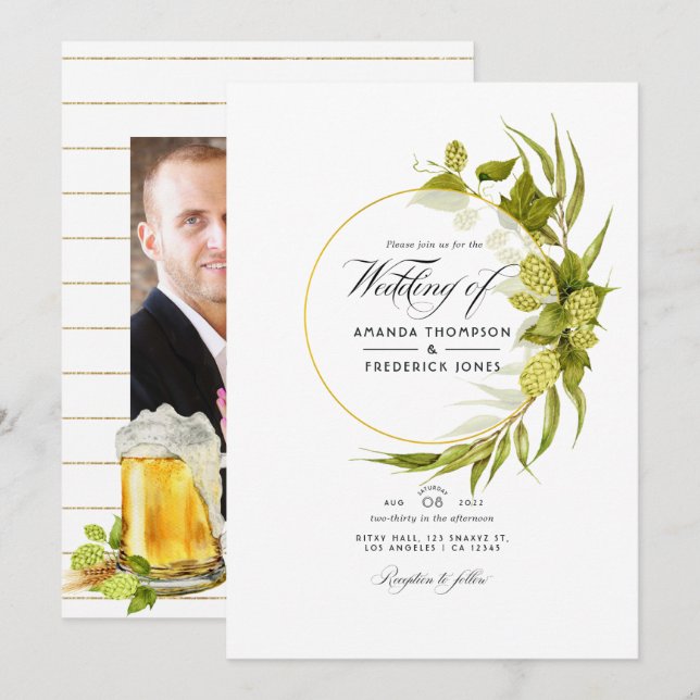 Invitación Foto de Boda Geométrico Beer Willow Green y Gold (Anverso / Reverso)