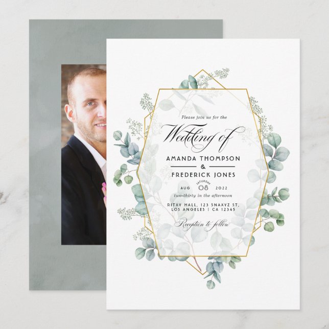 Invitación Foto de Boda geométrico de eucalipto de sabio plat (Anverso / Reverso)