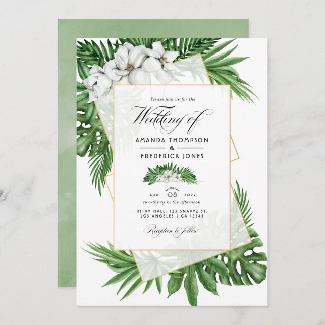 Invitación Foto de Boda geométrico de magnolia tropical (Anverso / Reverso)