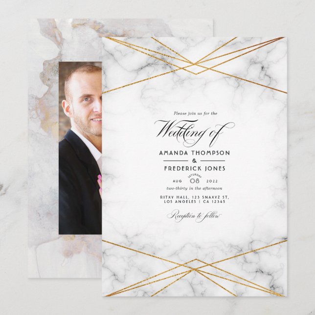 Invitación Foto de Boda geométrico de mármol de oro (Anverso / Reverso)