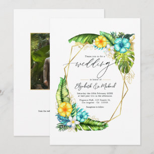 Invitación Foto de Boda geométrico floral tropical y código Q
