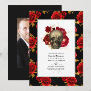 Invitación Foto de boda gótica con cráneo floral